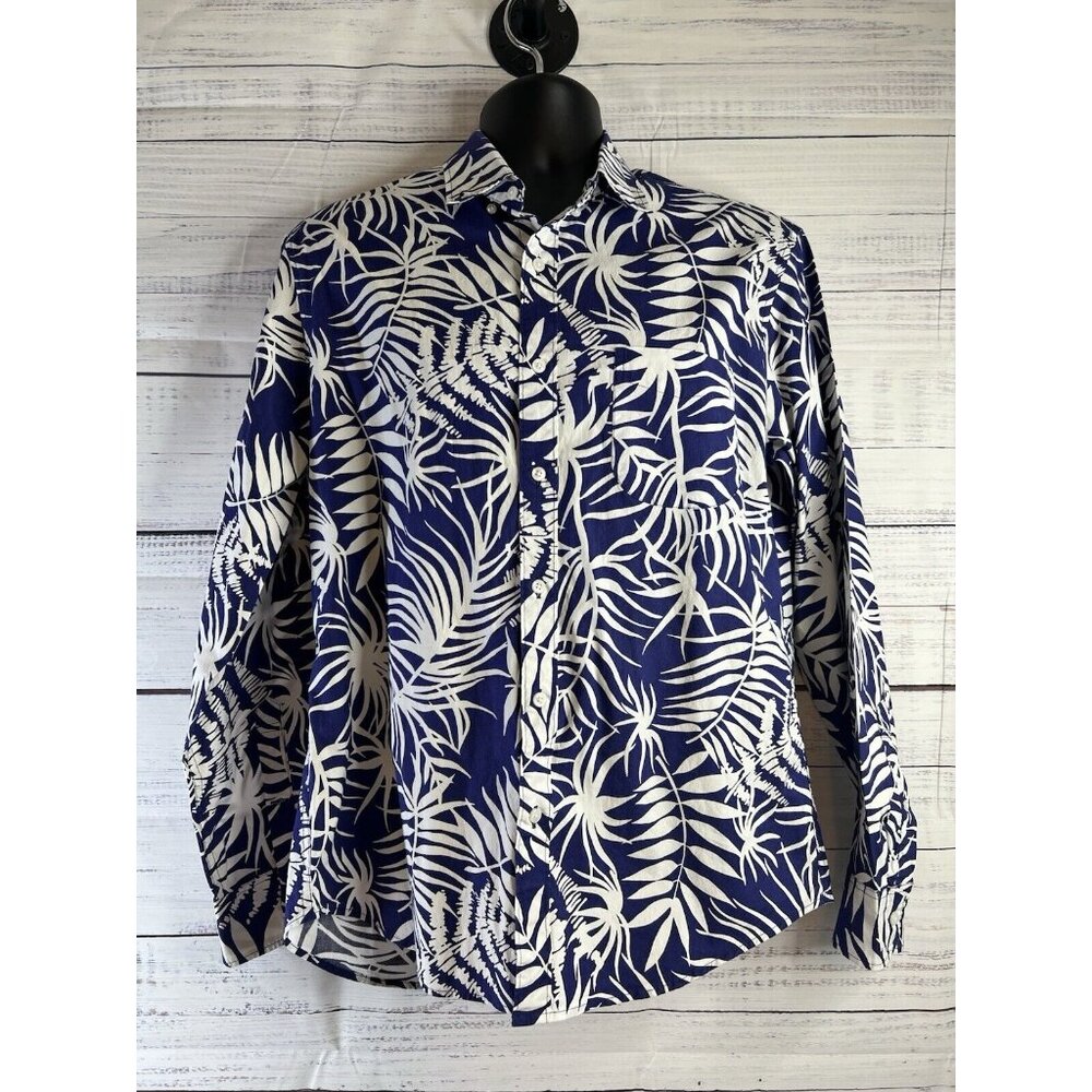 J Crew shirt Mens L Blue Floral Printed Long-Sleeve Slim Stretch Casual Tropical
